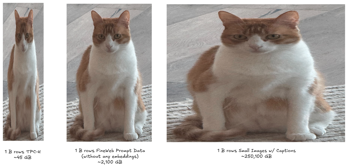 The photos of cats with captions.  The first cat is a narrow cat and the caption says "1 B rows TPC-H ~45 GB".  The second cat is a normal cat and the caption says "1 B rows FineWeb Prompt Data (without an embeddings) ~2,100 GB".  The third photo is a wide cat and it says "1 B rows small images w/ Captions ~250,100 GB"